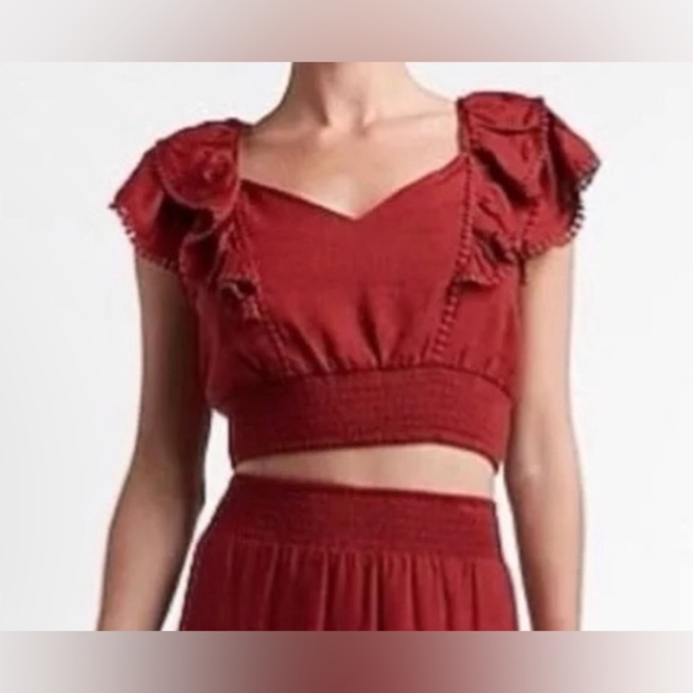 Express Rust Ruffle Linen Blend Crop Top